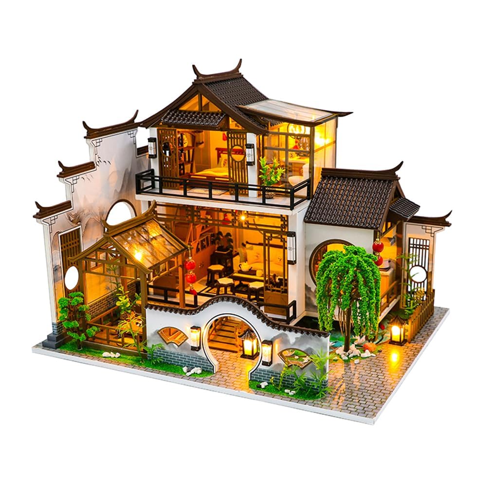Azonee Miniature House Kit DIY Mini Dollhouse, Green House with Furniture and LED, Large Ancient Style Wooden Dollhouse Includes Dustcover and Music Movement, Exquisite Home Decor