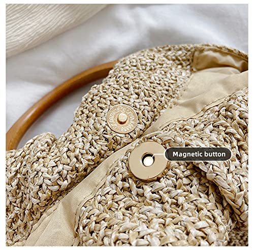 Bolso tote grande de paja tejido con asa redonda de madera miniatura 4