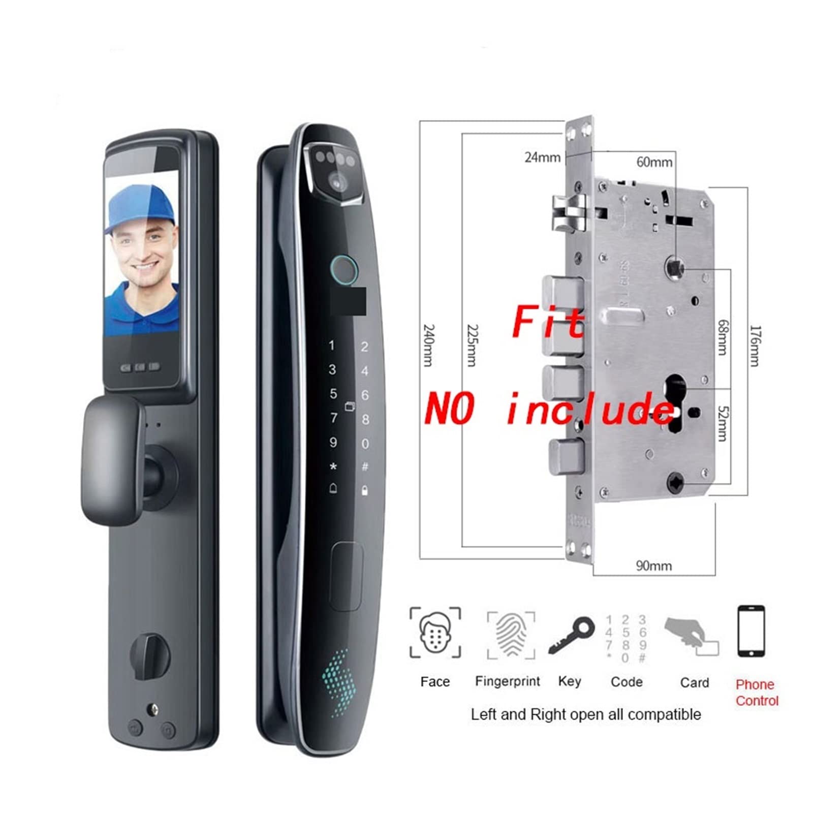 Serratura Smart, 3D Face Recognition Smart Door Lock Access Control 7 Metodo di sblocco for porte in legno da 40-70 mm Funziona bene al buio(1500W with control)