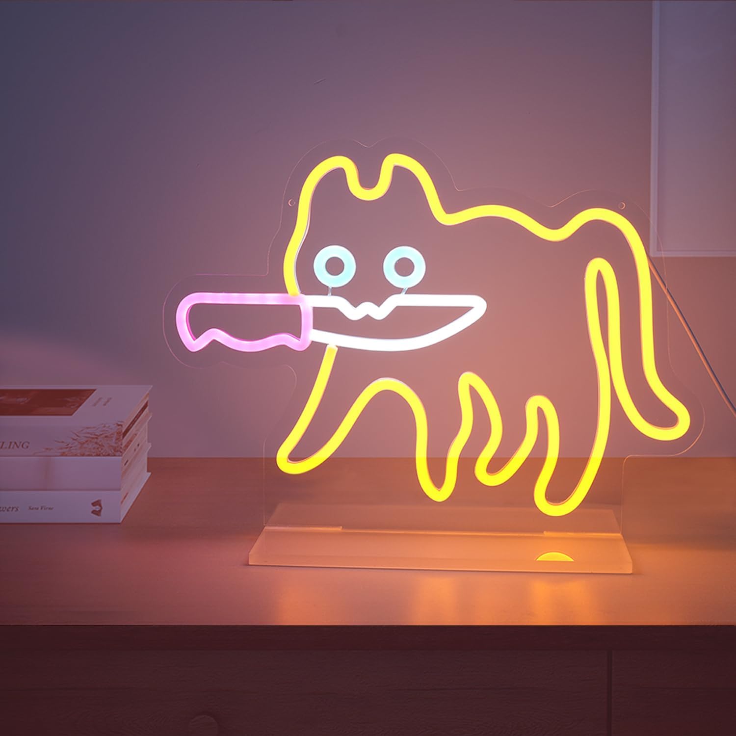 Cautiously Cat Neon Sign for Wall Decor Adorable Funny Led Neon Signs with Stand for Home Bedroom Cat Cafe House Store (Yellow Cat)