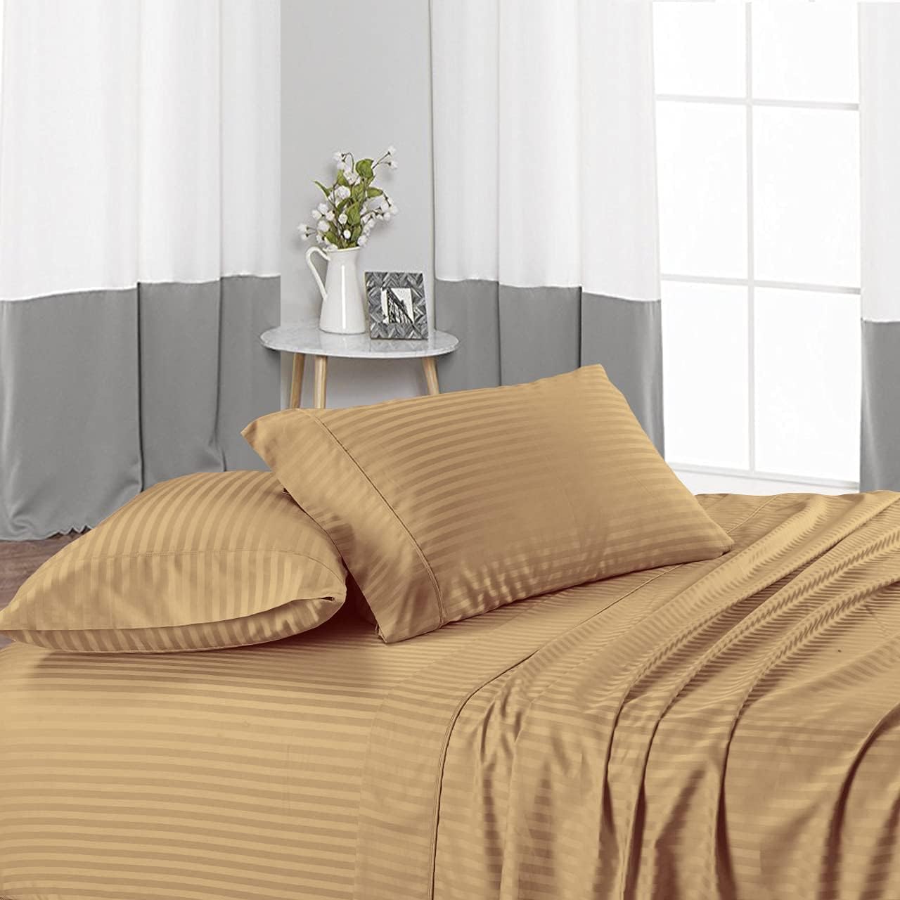 4 Piece Sheet Set - Hotel Luxury 600 Thread Count Sheets & Pillowcases Bedding Fits Upto 18" Mattress -100% Egyptian Cotton 4 Piece Set - Taupe Stripe, Queen Size.