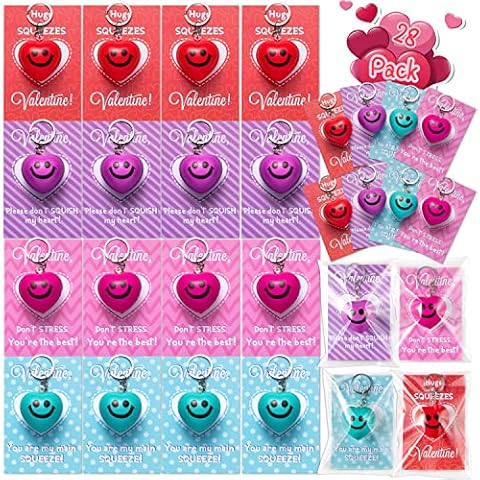 Haooryx 28 Packs Valentine's Day Cards with Heart Shape Stress Ball Keychains, Stress Relief Anxiety Fidget Toy Squeeze Balls Gift Bulk for Classroom Gifts Exchange School Prize Valentines Party Favor Cover