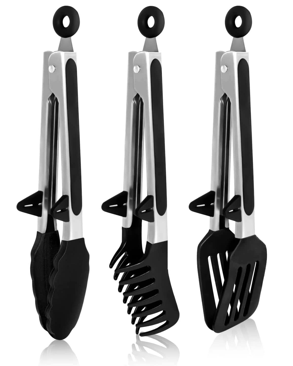 pepplo 3in1 Silicone Kitchen Cooking Tongs Set, Stainless Steel Nonstick Food Tong Silicone Tips for Serving Spaghetti Steak Pizza Salad(Black)