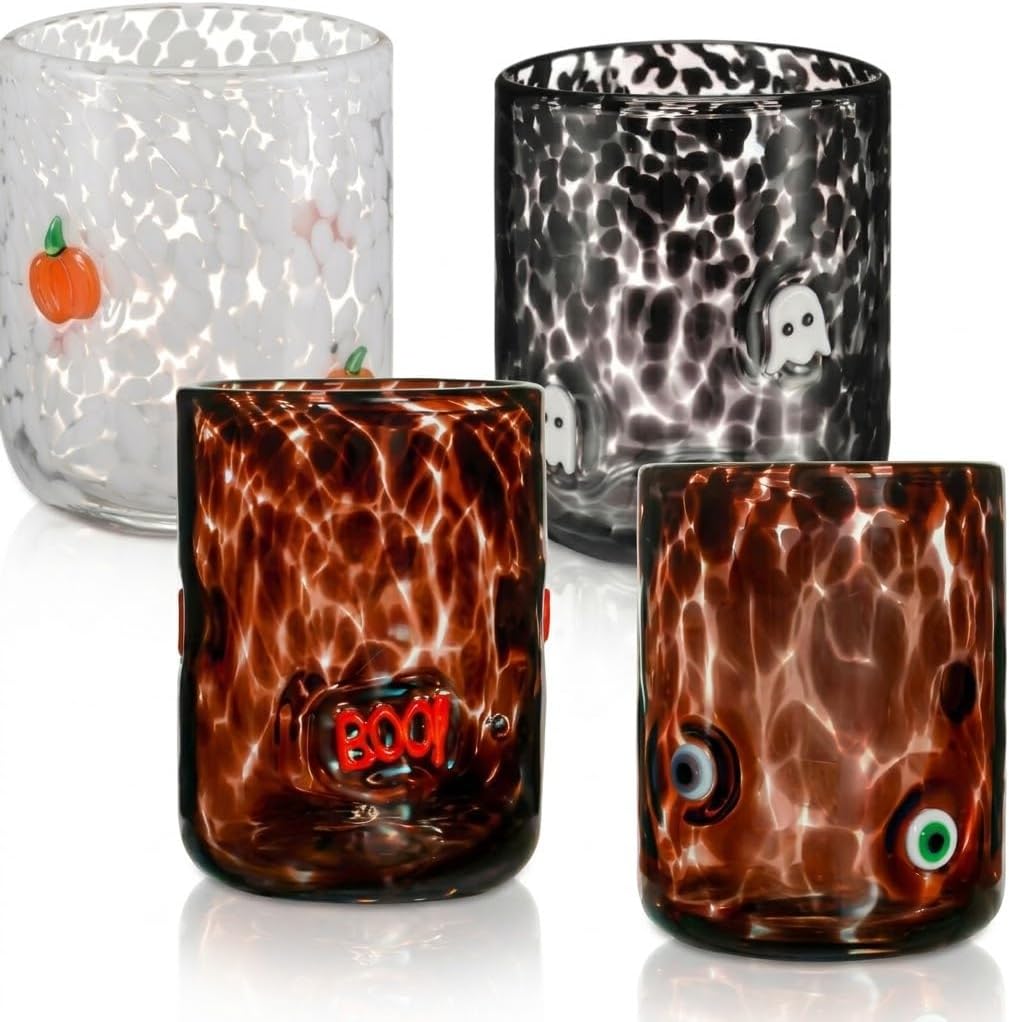 Halloween Icons Glass Cups Set of 4, Boo, Eyeball, Pumpkin and Ghost