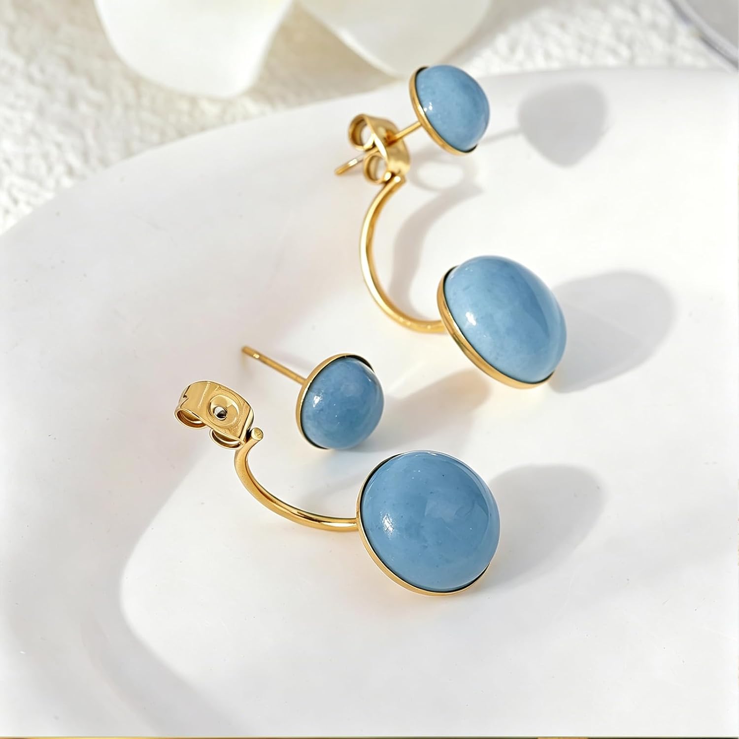 Natural Gemstone Earring for Women 18k Real Gold Plated Round-cut Moonstone Black Agate Earring Turquoise Jewelry Birthday Gift for Her