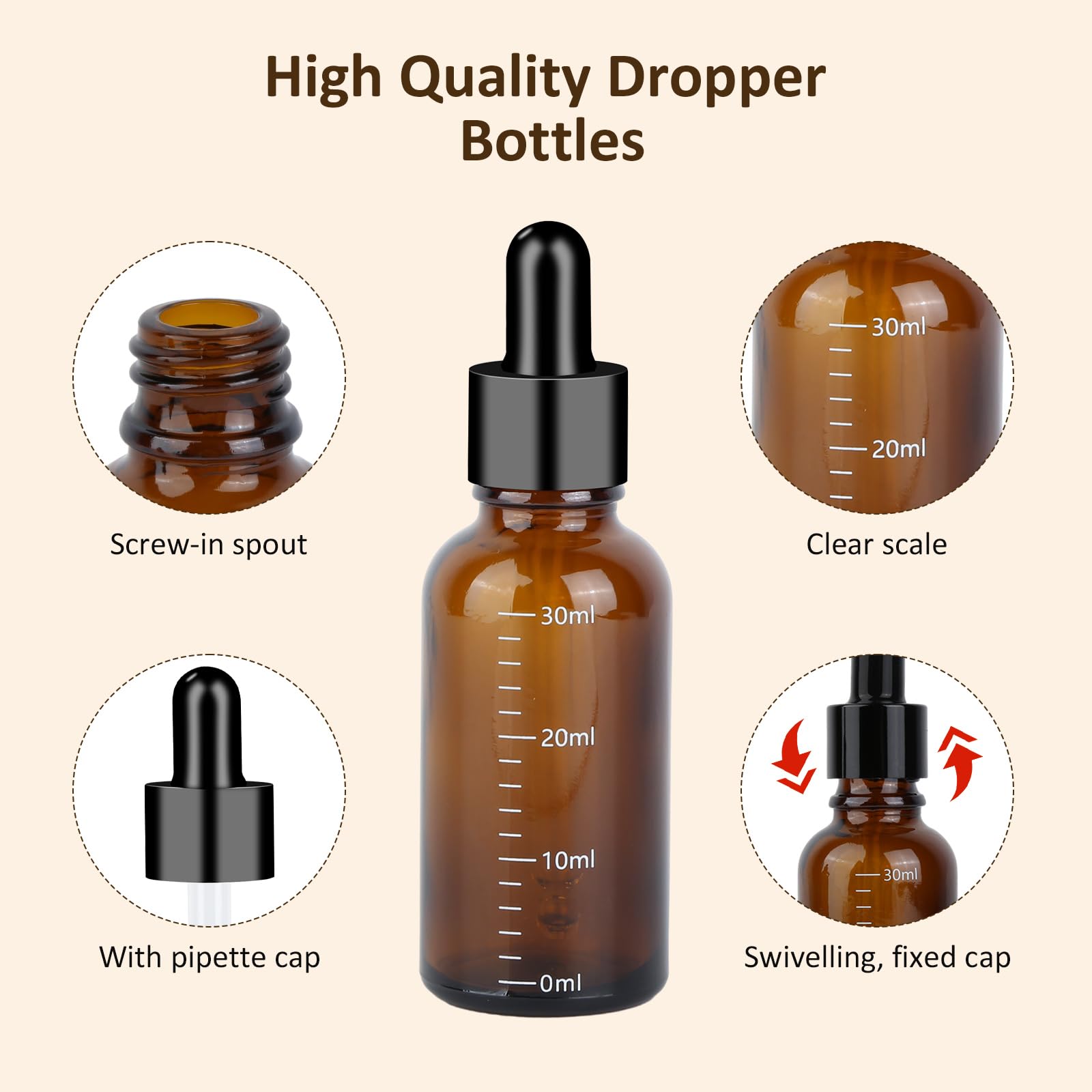 6 stuks 30 ml zwarte pipetfles, glazen fles, druppelfles