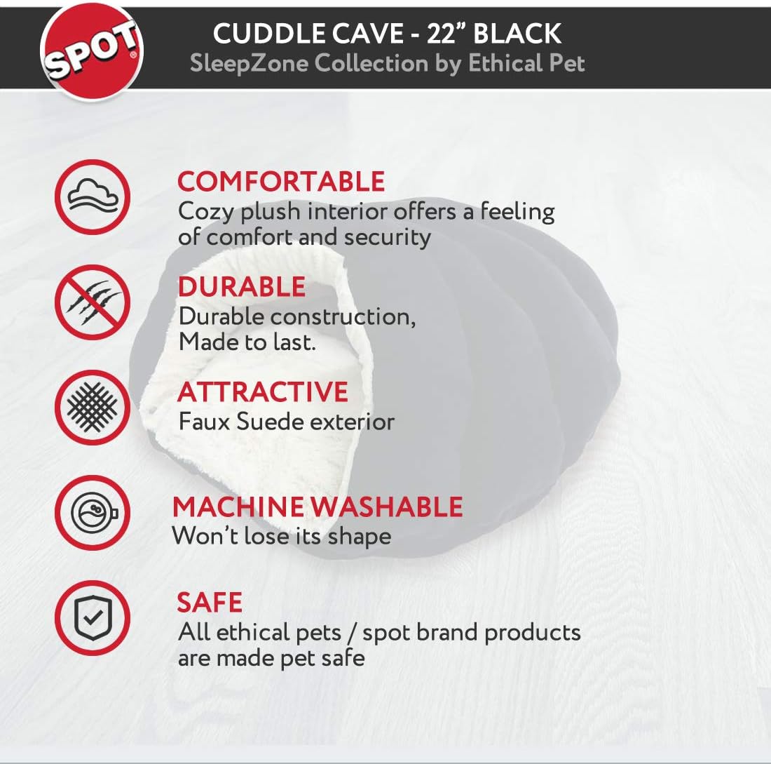 SPOT Ethical Pets Sleep Zone Cuddle Cave - 22” Black - Pet Bed for Cats and Small Dogs - Attractive, Durable, Comfortable, Washable