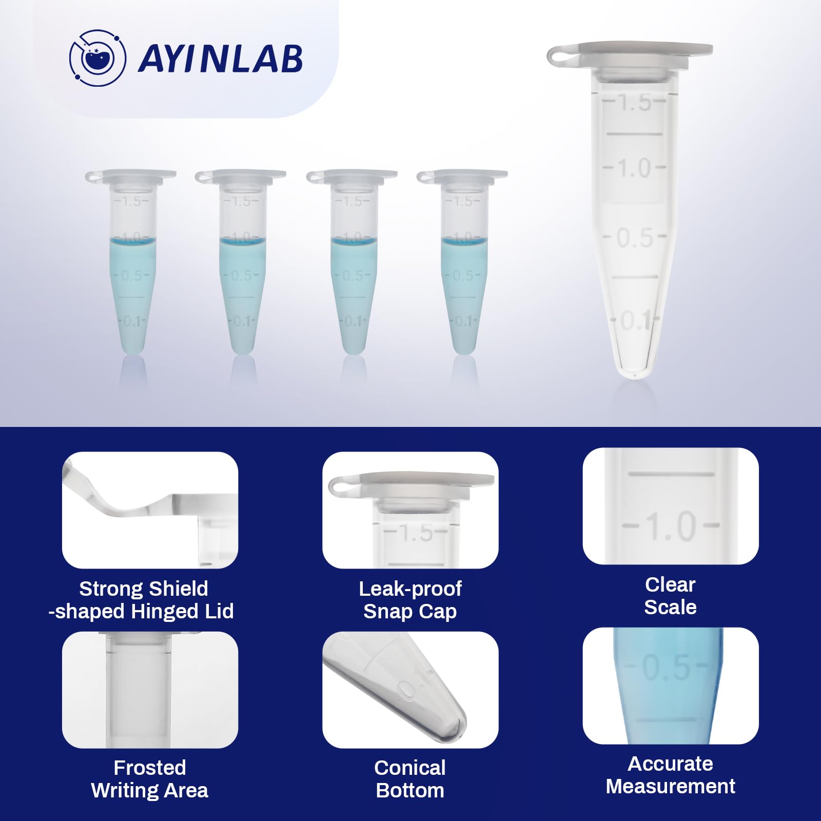 1,5 ml Mikrozentrifugenröhrchen von AyinLab - 500 Stück​​ Hochreine Polypropylen-Röhrchen mit auslaufsicheren Verschlusskappen und klarer Messskala