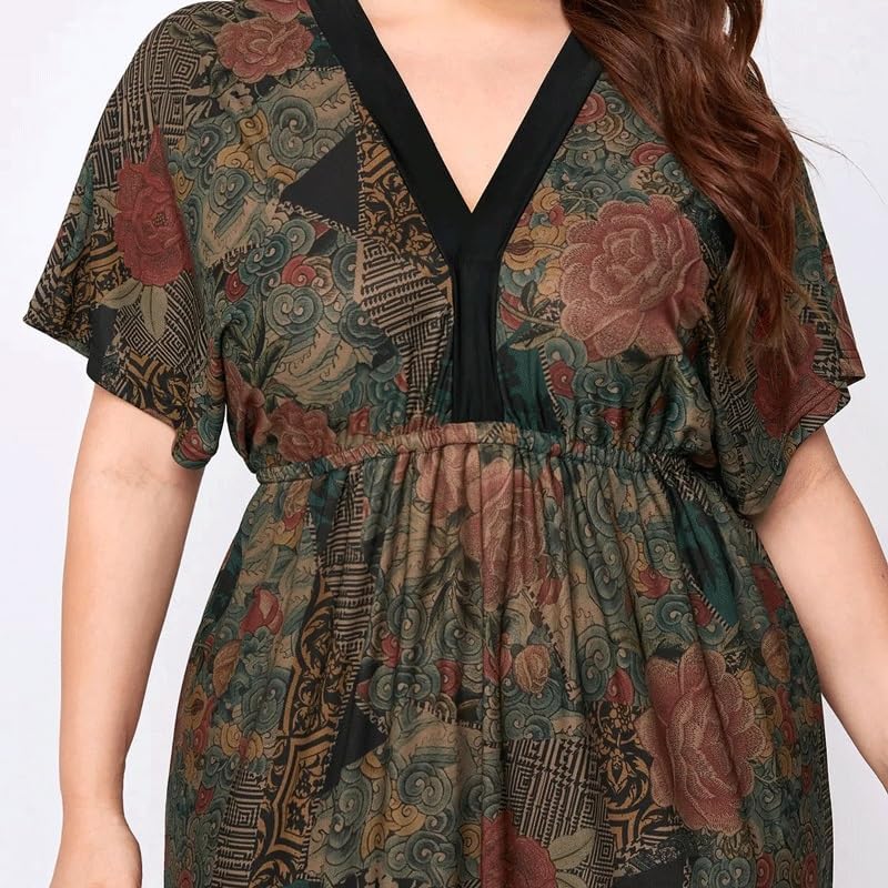 JSEIAJB Retro Printing Dress Women V Neck Short Sleeve High Waist Maxi Long Dresses Deep V Backless Party Dress