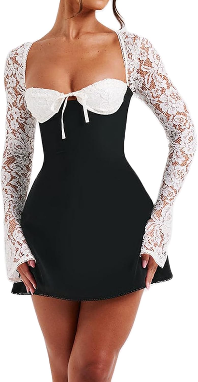 Women Low Cut Mini Dress Solid Color Lace Floral Long Sleeve Backless Lace Up Short Dress Bodycon Mini Dress Women Low Cut Mini Dress Solid Color Lace Floral Long Sleeve Backless Lace Up Short Dress Bodycon Mini Dress