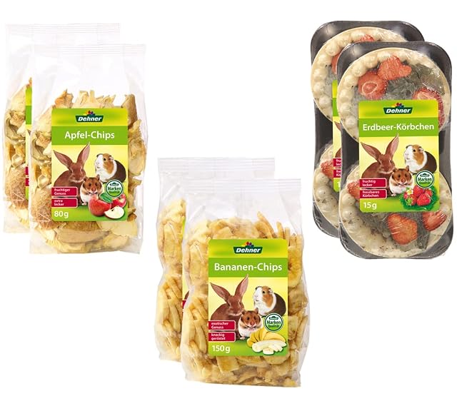 Dehner Nagersnack Frutas Mix, por 2 x Apfel-Chips, Bananen-Chips y Erdbeer-Körbchen (490 g)
