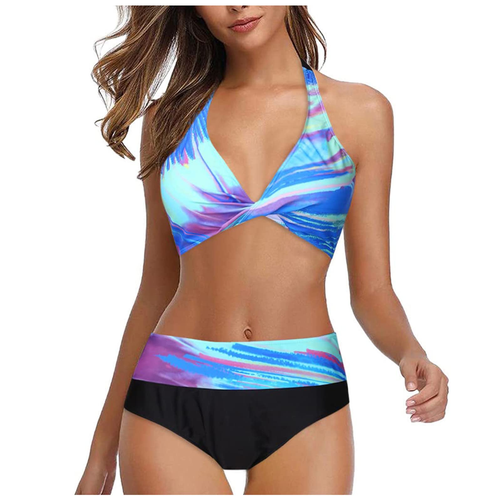 UQRZAUWomen's Two Piece Swimsuit High Waist Printed Bikini with Bra Pads and No Steel Bra Swimsuit Bikinis Leg