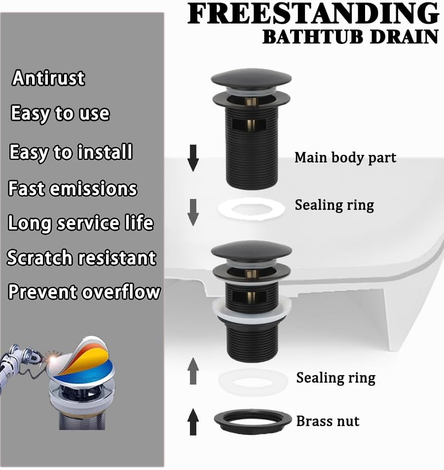 Brass Freestanding Tub Drain, Pop Up Freestanding Tub Drain Plug, Fits Most Freestanding Tub Drain Kits (Matte Black)