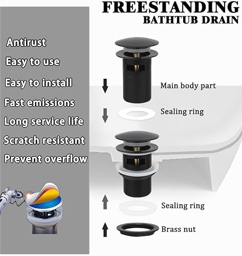 Miniatura 6 de Drenaje de bañera independiente de latón, tapón de drenaje de bañera independiente, se adapta a la mayoría de kits de drenaje de bañera