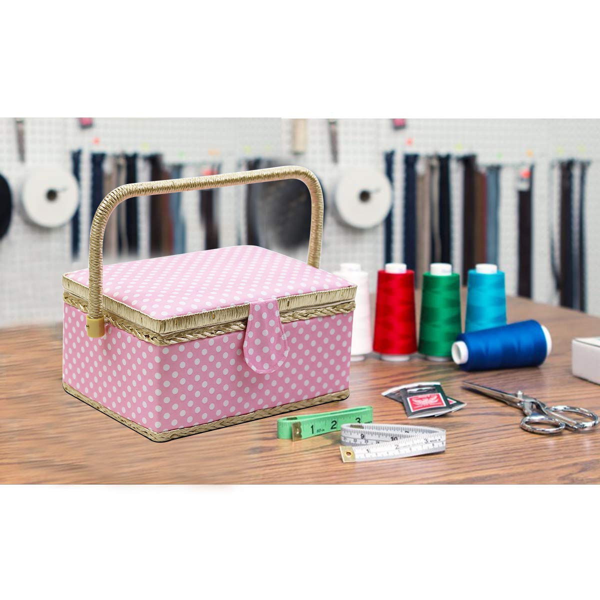 D&D Sewing Basket with Sewing Kit, Sewing Box Organizer with Accessories, Sewing Supplies Storage with Sewing Tools Set (Pink, Medium)