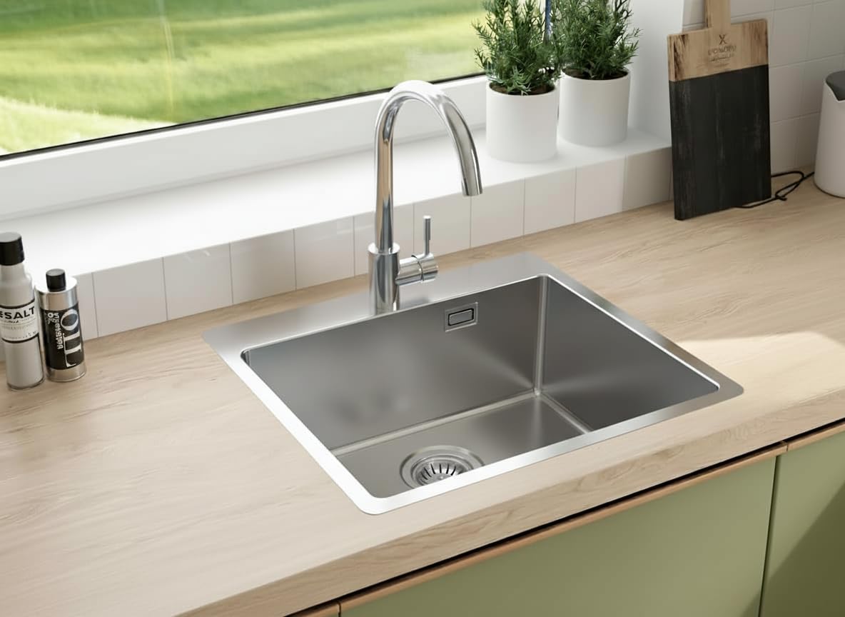 Faizee Home | Edelstahlspüle 50 × 55 cm Silber – Moderne eckige Küchenspüle aus Edelstahl inkl. Siphon-Set | Hochwertige Einbauspüle für Unterschränke ab 45 cm