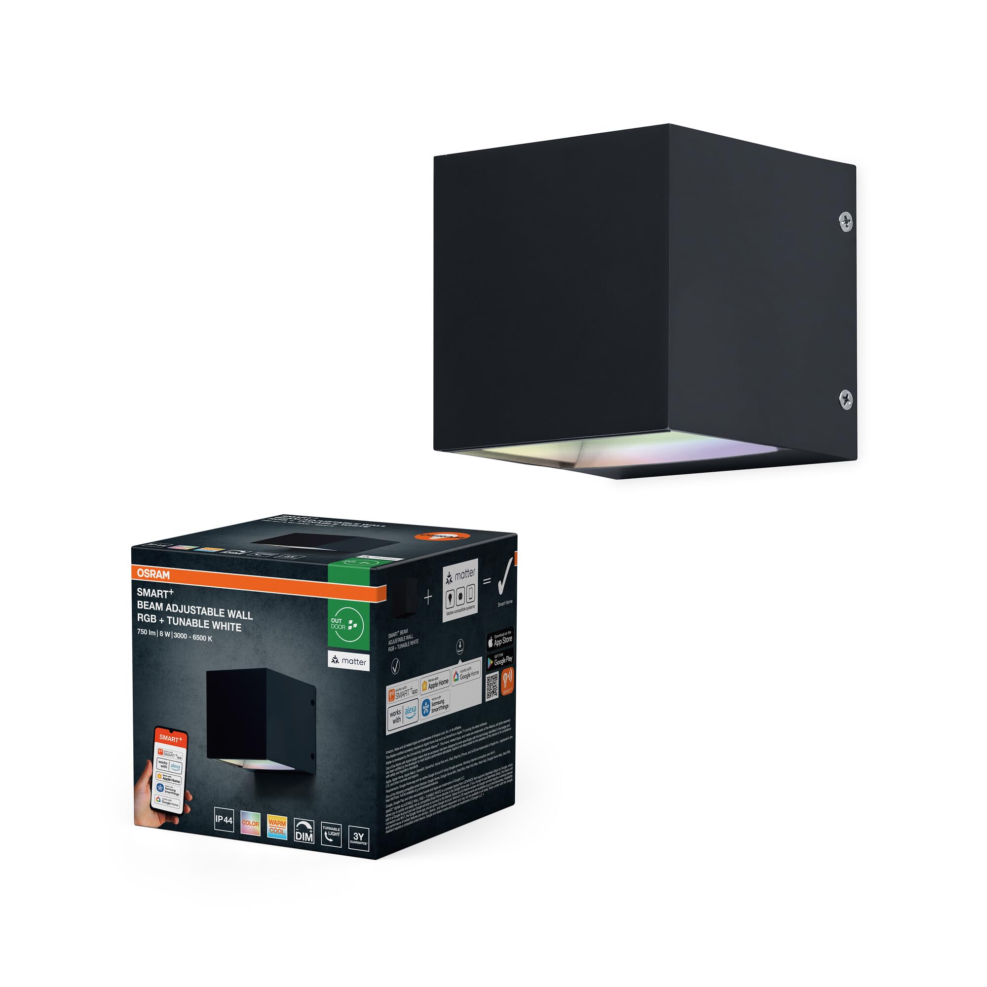 Osram SMART+ Matter Adjustable Beam LED Wandleuchte Schwarz, 8W, 320lm, RGB+TW 3000-6500K, WiFi, Alexa, IP44 Außen