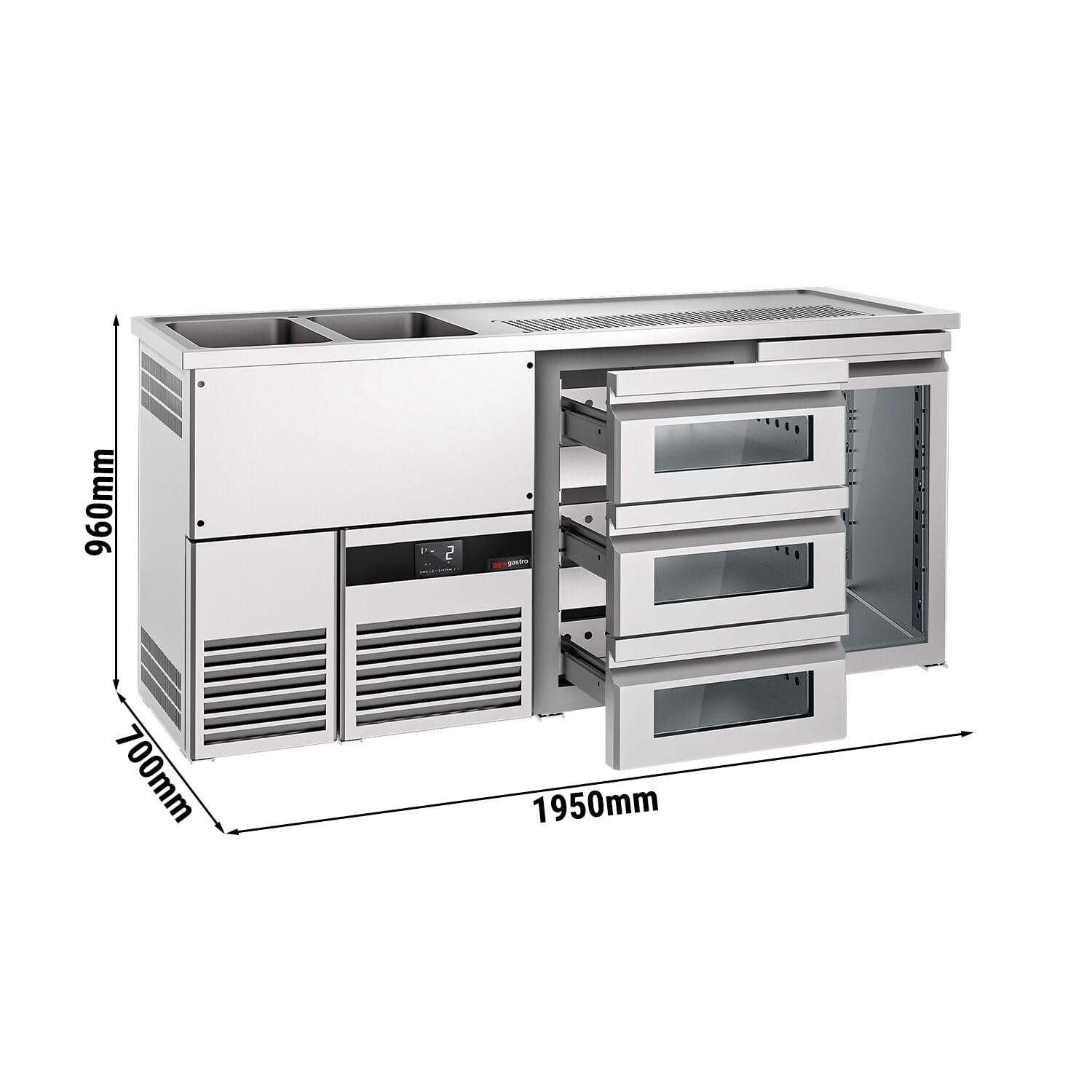 GGM Gastro | BLF207D#SG13#GT | Biertheke PREMIUM - 1950x700mm - 1 Glastür & 3 Glasschubladen