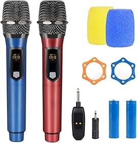 Kit 2 Microfone Sem Fio Duplo RGB, Microfone Karaoke UHF, Microfone Dinamico, Microfone de Mão Profissional para Festas, Eventos, Aulas, Palestras, Lgreja, Desempenho, Entretenimento Familiar
