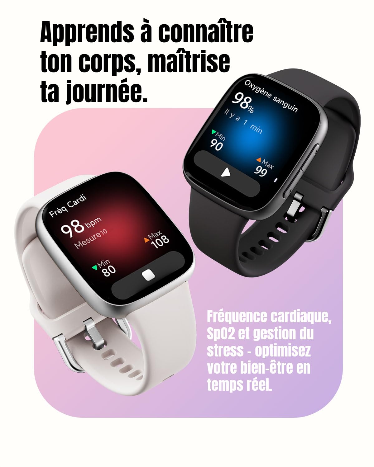 Montre Connectée Homme Femme, Écran AMOLED Ultra-Clair, Étanche 3ATM Natation, Appels Bluetooth, Suivi Cardio/Sommeil/100 Sports, Compatible Téléphones Android et iOS, Noir