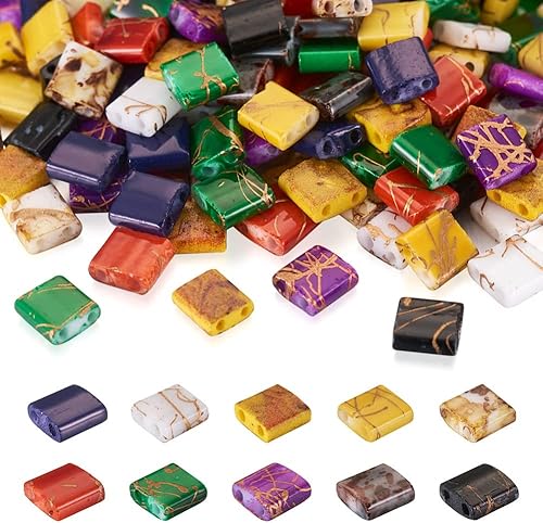 Beadthoven - 200 cuentas de azulejos de tila con purpurina, cuentas de semillas de vidrio de 2 agujeros, cuentas cuadradas planas opacas, cuentas de