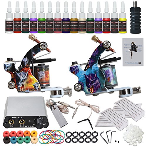 Complete Starter Tattoo Kit 2pcs Coils Tattoo Machine Gun Power Supply Needles Tattoo Inks Grips Tips YMX-001
