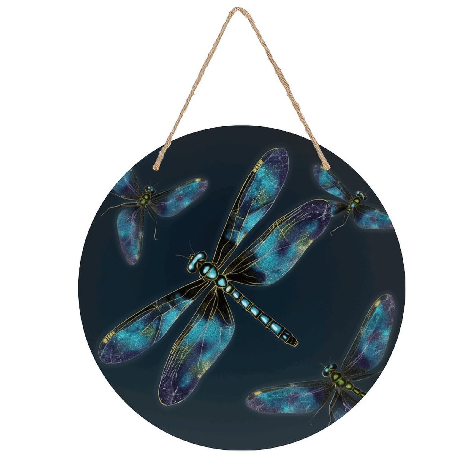 VstaDank Dragonfly Wall Art Decor with Ropes Wooden Hanging Sign Hanging Wall Decor Artwork Round Wood Painting Modern Wall Prints Decor Picture for Office Bar Home Decors