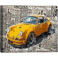 SIGNWIN Canvas Wall Art Vintage Oraneg Red Porsche 911 Carrera Turbo and Newspaper Collage Transportation Car Digital Art Realism Industrial Urban for Living Room, Bedroom, Office - 12x18 inches