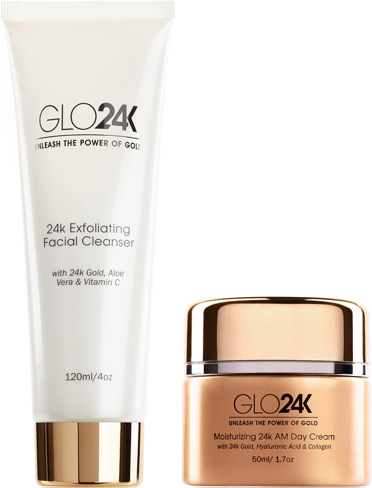 GLO24K Exfoliating Facial Cleanser and Day Cream with 24k Gold, Collagen, and Vitamins A,C,E. For a Radiant appearance and Fresh Looking Skin.