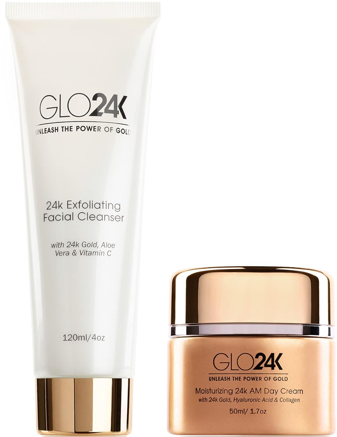 GLO24K Exfoliating Facial Cleanser & Night Cream with 24k Gold, Retinol, and Aloe Vera. Optimize your Daily Beauty Routine.