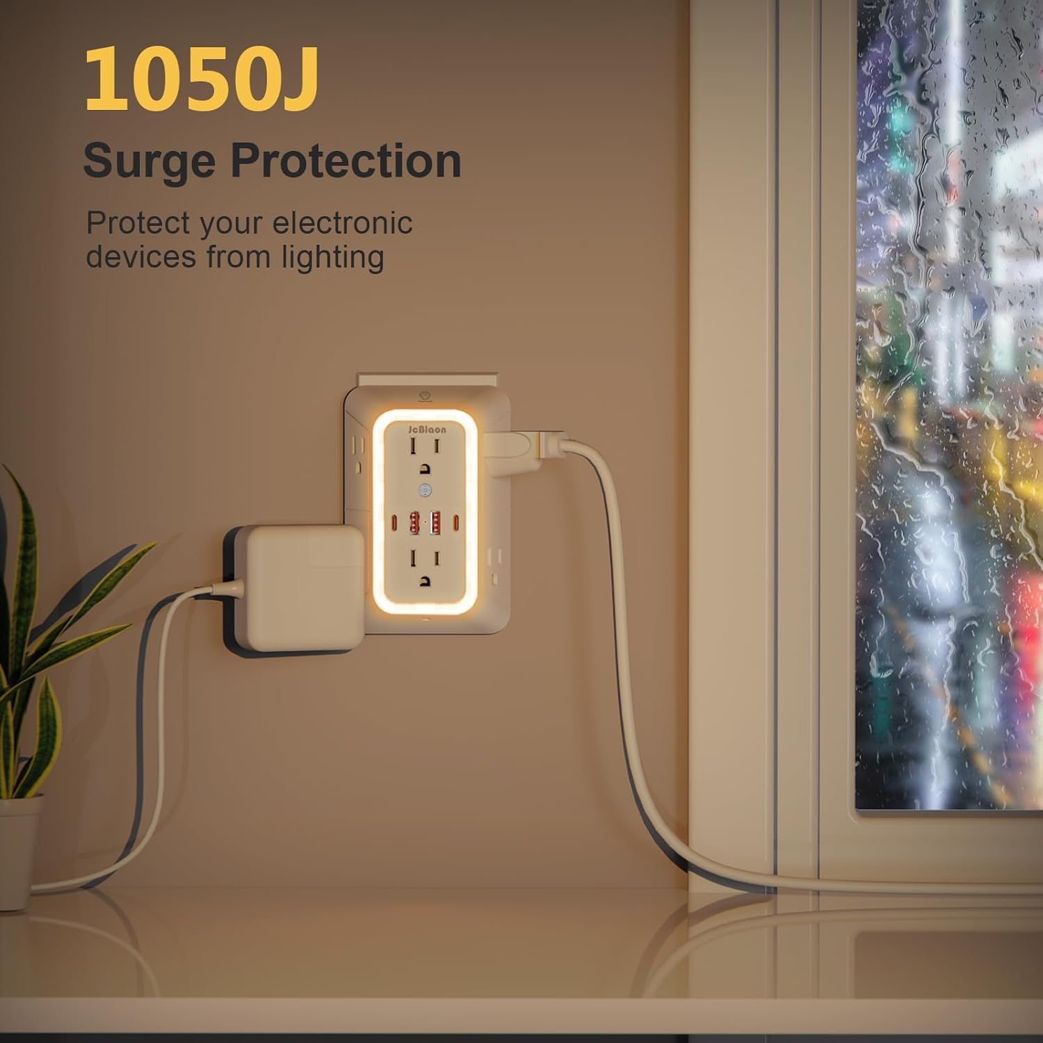 Extensor de salida con luz nocturna, protector de sobretensiones de enchufe múltiple, divisor de 6 salidas con 4 salidas USB (2 USB A, 2 USB C) Adaptador de pared de 3 lados para el hogar, viajes y