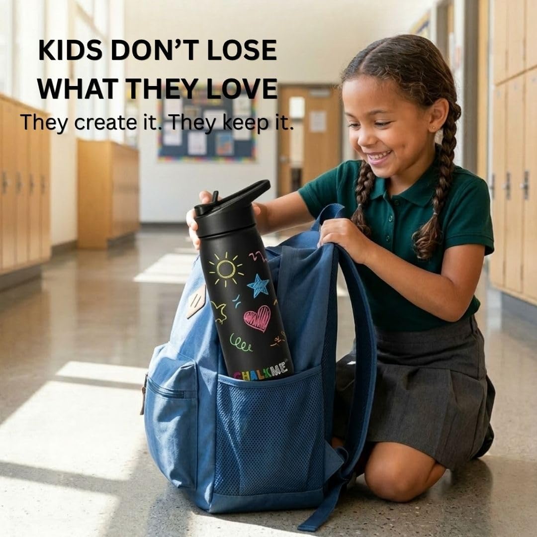 Kids Water Bottle 20oz Stainless Steel Vacuum Insulated with Washable Chalk Markers Included, Decorate Your Own Water Bottle, Reusable Gift for Boys and Girls