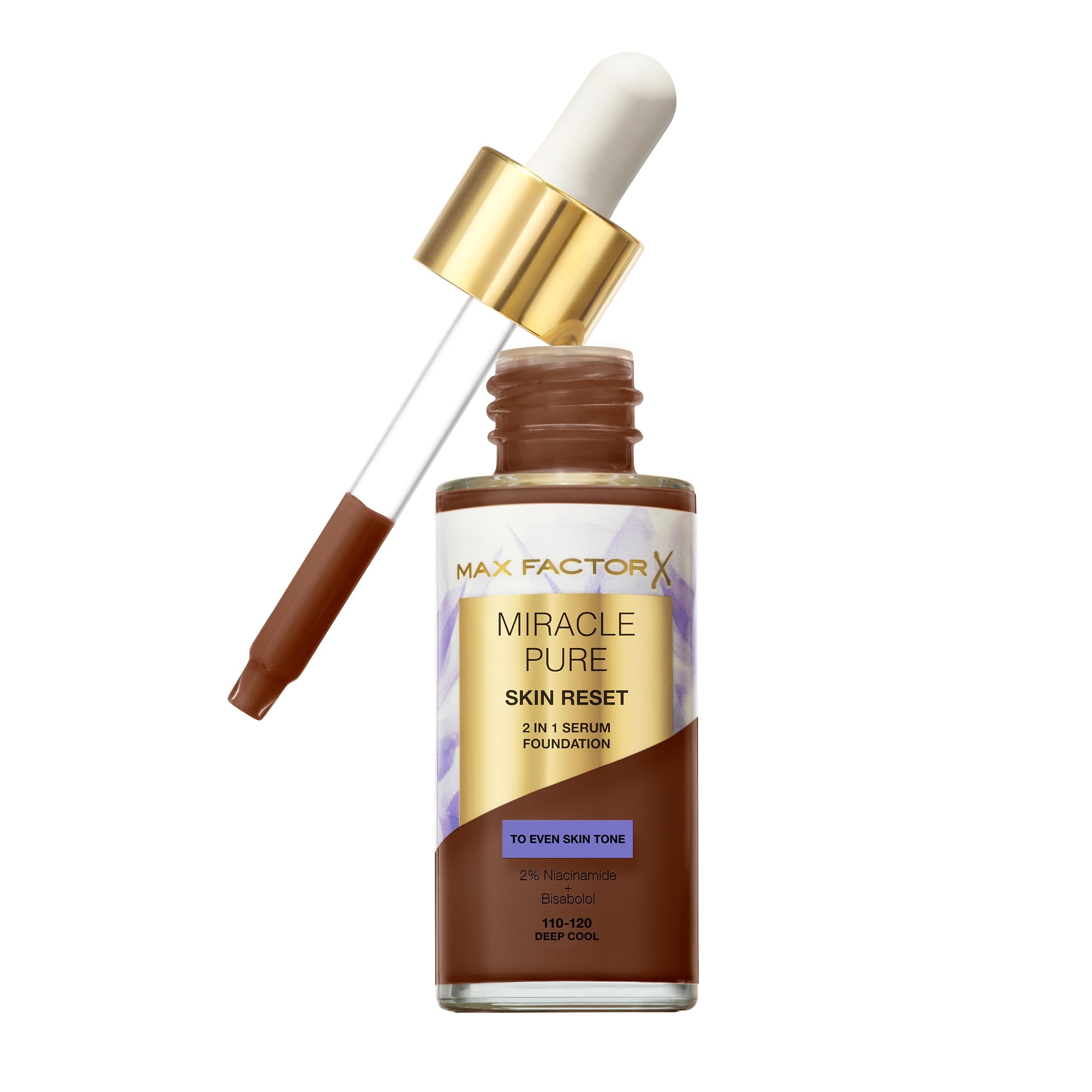 Max Factor Miracle Pure Skin Reset Serum Foundation, 110-120 Deep Cool, 2-in-1 Serum Formula, Healthy Looking Skin, Medium Coverage, Satin Matte Finish, 2% Niacinamide, Dermatologically Tested, 30ml