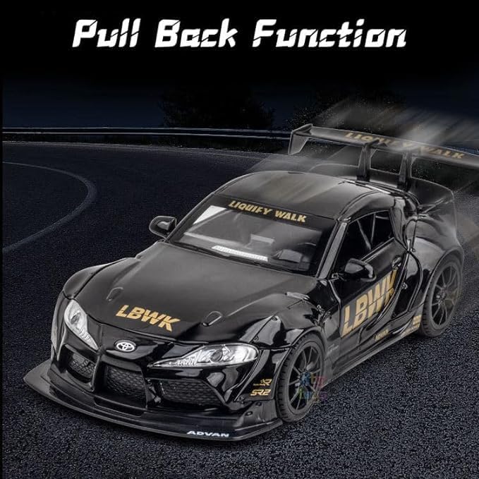 Image of 1 /22 Scale Big Toyota Supra GR LBWK Model Diecast Metal Pullback Toy car with Openable Doors & Light, Music Boys car for Kids Best Toys Gifts Toys for Kids-Black (Black)