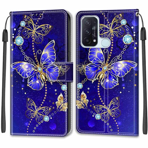 KENHONER OPPO Reno5 A ケース 手帳型 対応 オッポ ネノ5 A ケース カバー A1010P スマホケース CPH2199 収納 耐衝撃 耐久性 耐摩擦 マグネット式 レザー カバー (青い蝶)