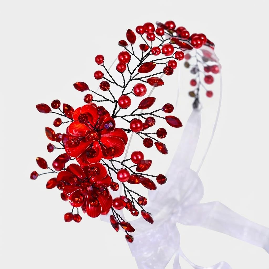 Rhinestone Wedding Headband, Alloy Flower Bridal Hair Accessories, Pearl Crystal Headpiece, Wedding Head for Bride (Red, One Size)