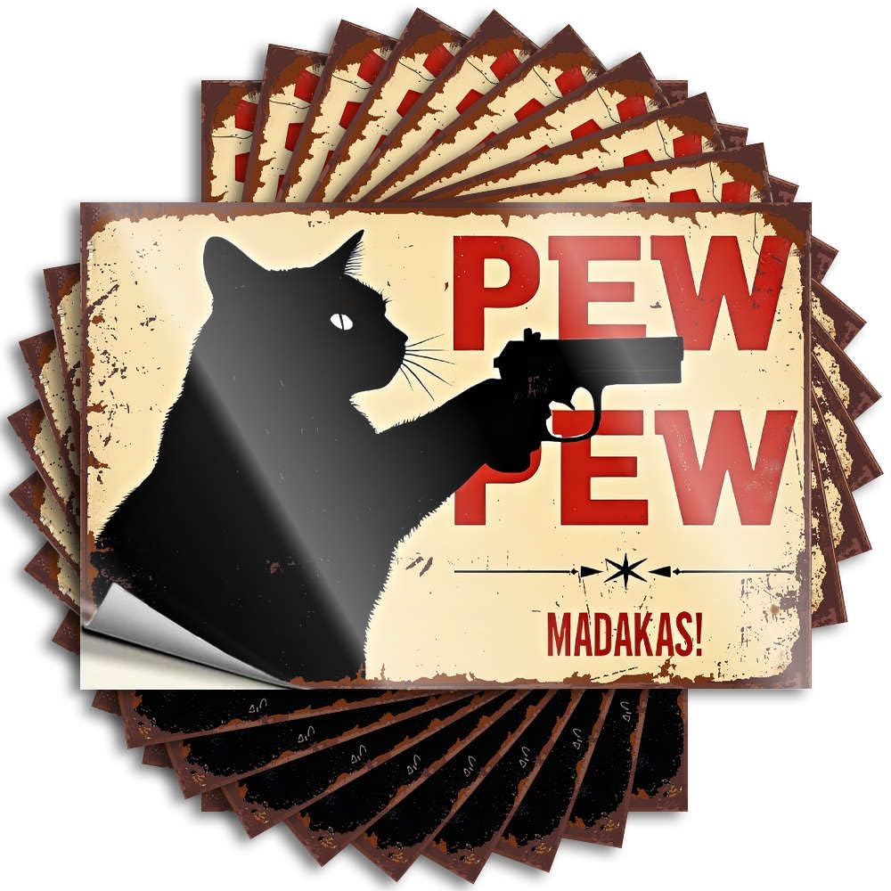 Lettering Sticker Sports | Personalized Wall A Black Cat Holding A Gun with The Text pew Pew Madakas! Below It. for Farmers(6X9CM)