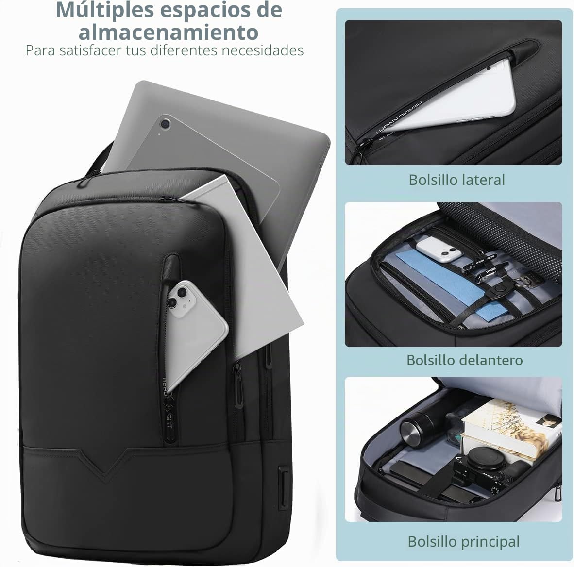Mochila Expandible para Laptop 15.6'' con Puerto USB, Impermeable, Ligera y Antirrobo, de 18 a 25 L, Ideal para Oficina, Viajes y Escuela, para Hombres y Mujeres - Negro