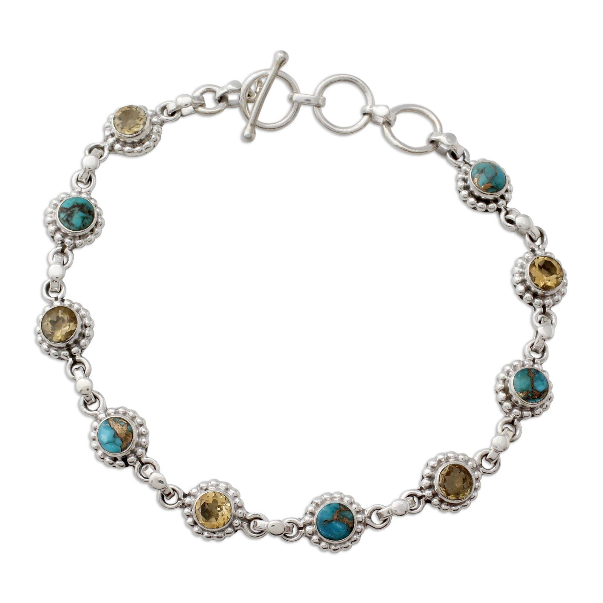 NOVICAHandmade Citrine Link Bracelet Indian .925 Sterling Silver Jewelry with Turquoise Reconstituted Yellow Blue Floral Birthstone [7.75 in min L x 8.75 in max L 8 mm W] 'Petite Flowers'