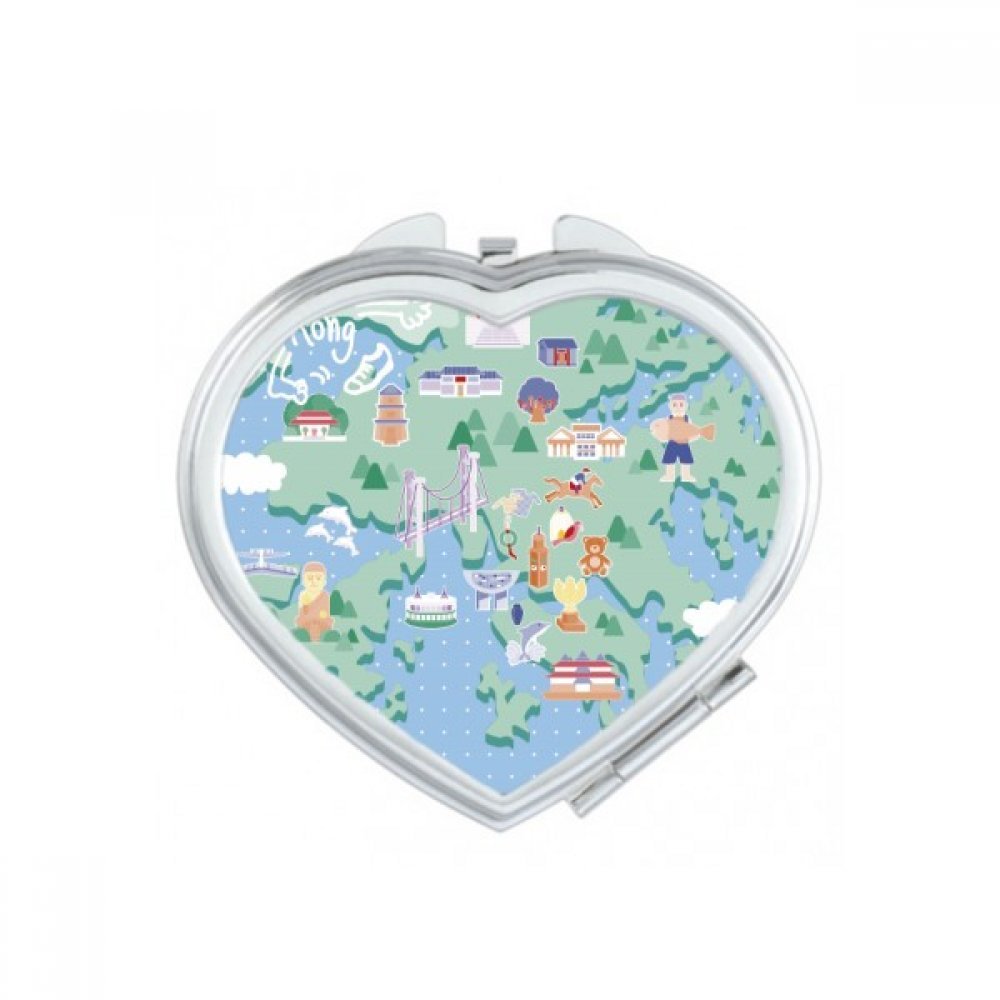 Miroir de poche compact en cœur avec illustrations des lieux célèbres de Hong Kong