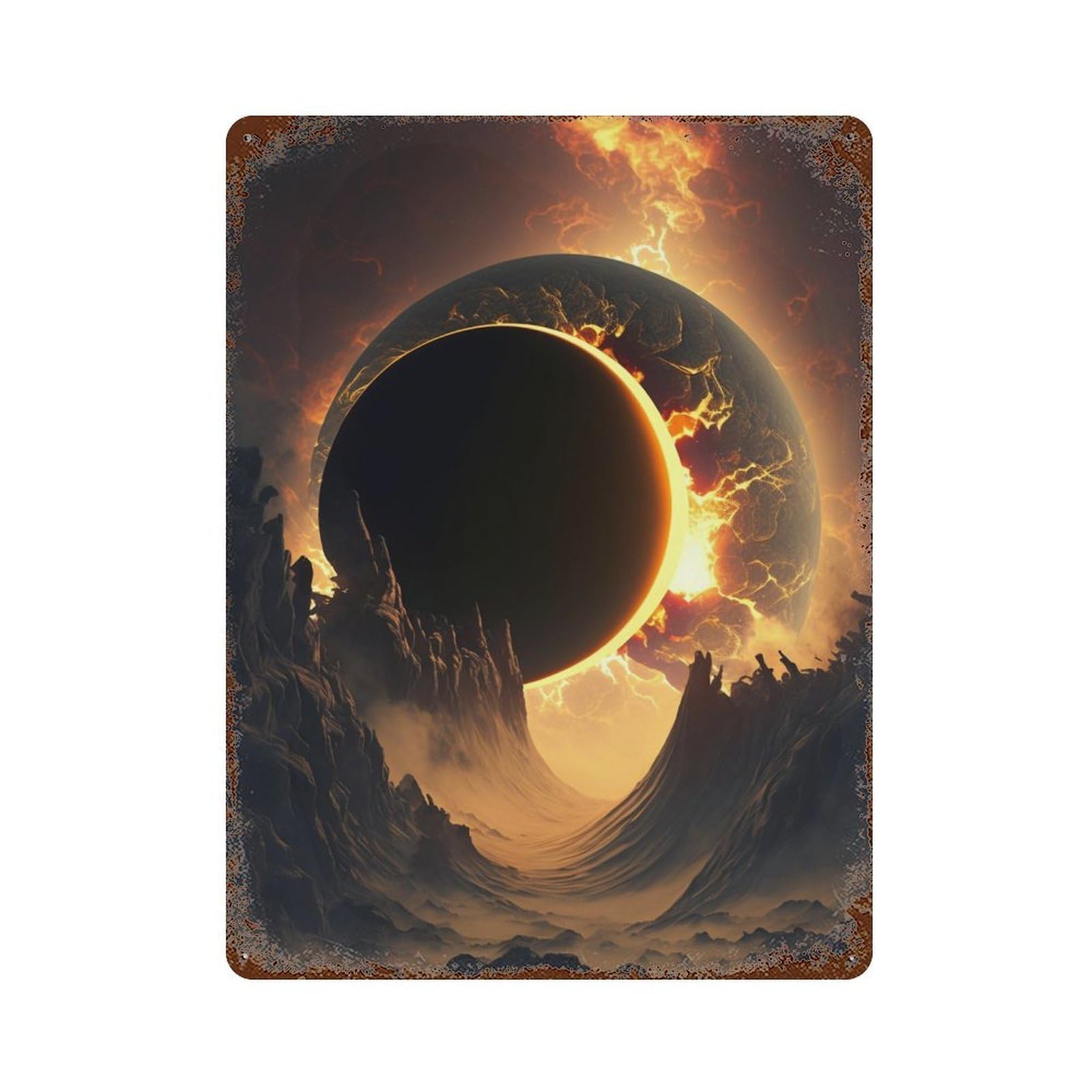 Decorative Tin Sign Fiery Eclipse Landscape 15.7"x11.8", Decorative Metal Wall Art for Garage, Bar And Workshop Decor