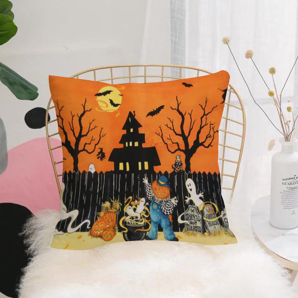 HYOSXW Cushion Cover,Throw Pillow Case Home Decorative for Living Room Bedroom Sofa Chair 16X16 Inch,Halloween decoration，Pumpkins, ghosts and creepy mansions under orange moonligh,Pillowcase 40X40cm