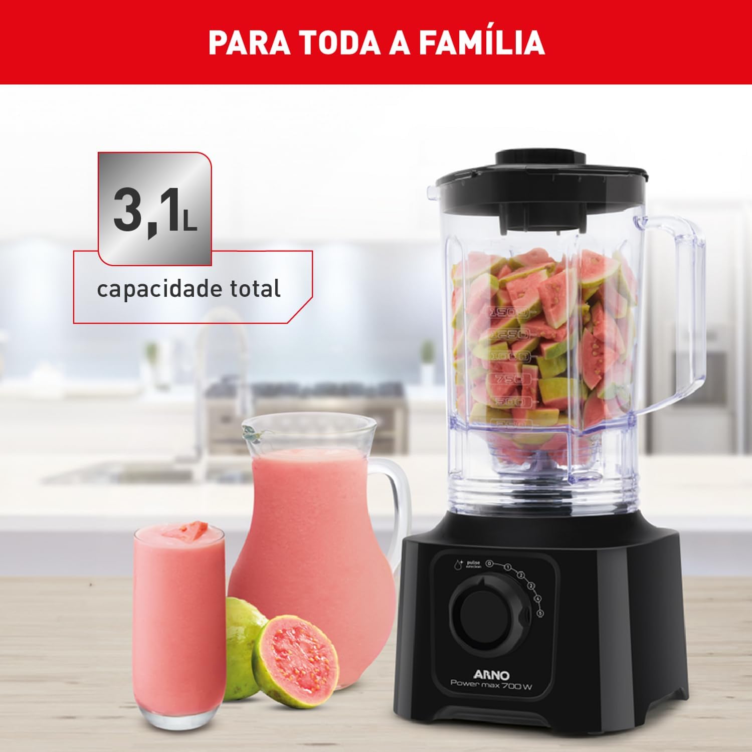 Liquidificador Arno Powermax 700W LN50, Preto com 4 Lâminas Powelix, 3,1L de Capacidade Total e Alta Performance, 110V
