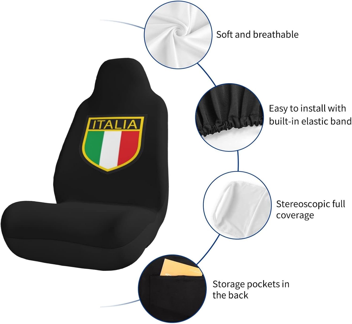 Italia Italy Italian Flag Car Seat Covers, Universal Fit for Auto Truck Van SUV, Easy Install 2 Pack, Black