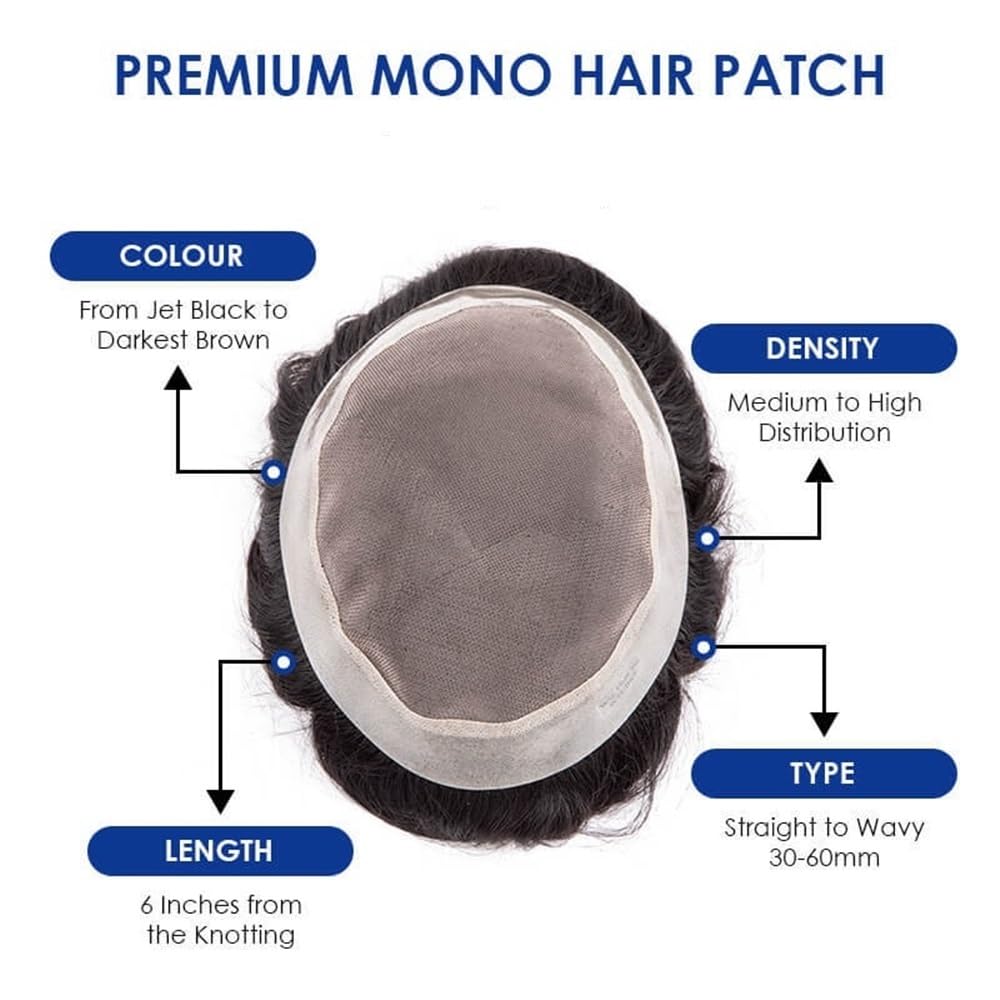 Men's Toupee Parrucca for uomo con base in pelle PU, sistema di sostituzione dei capelli umani da 6 pollici, traspirante, mono(#2,6x8)