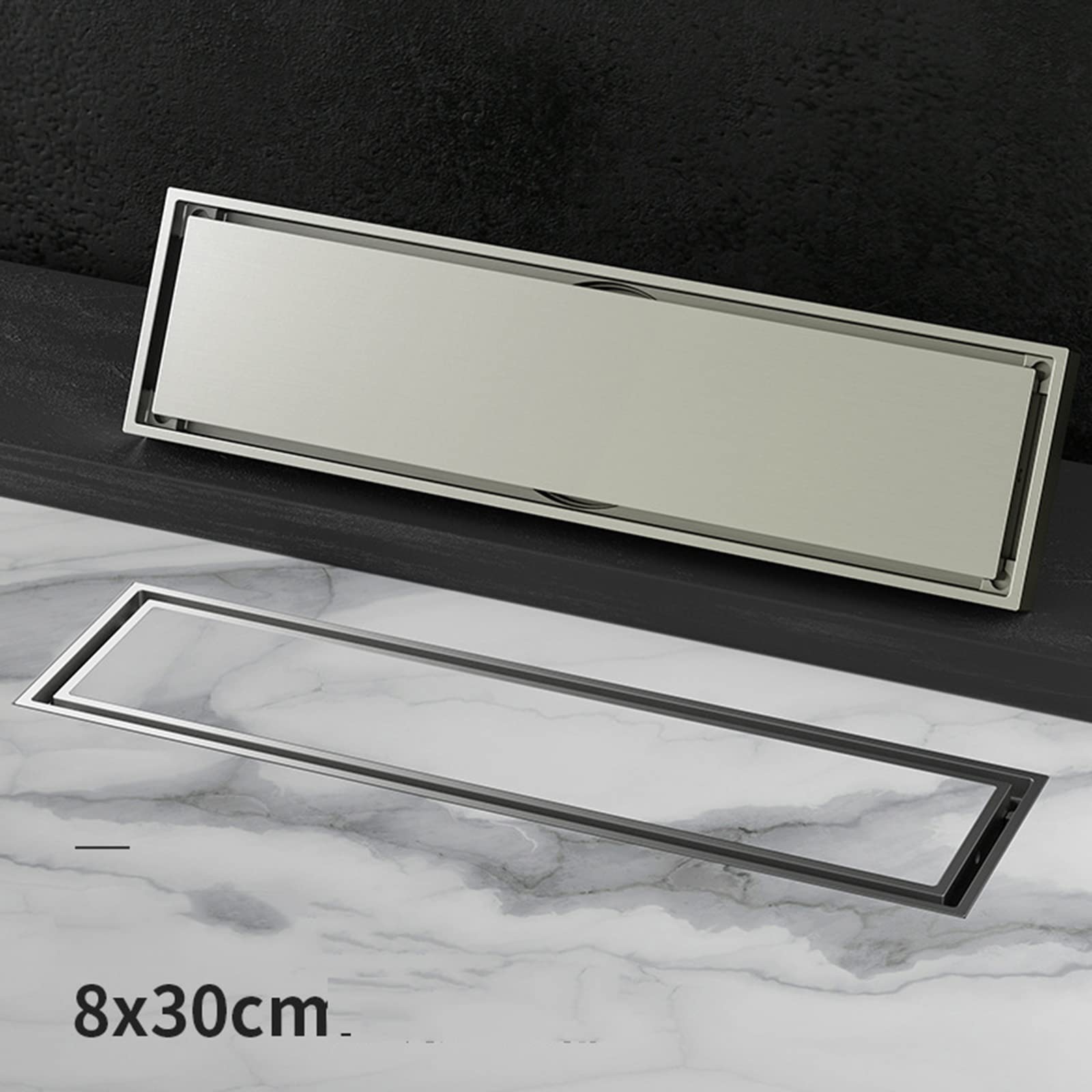 Canaletta Per Doccia Lineare Con Coperchio 2 in 1 Piatto E Inserto Per Piastrelle Rettangolo Lungo 30Cm, Scarico Doccia in Ottone Con Filtro Per Capelli, Nucleo Di Sospensione Magnetico,Nero