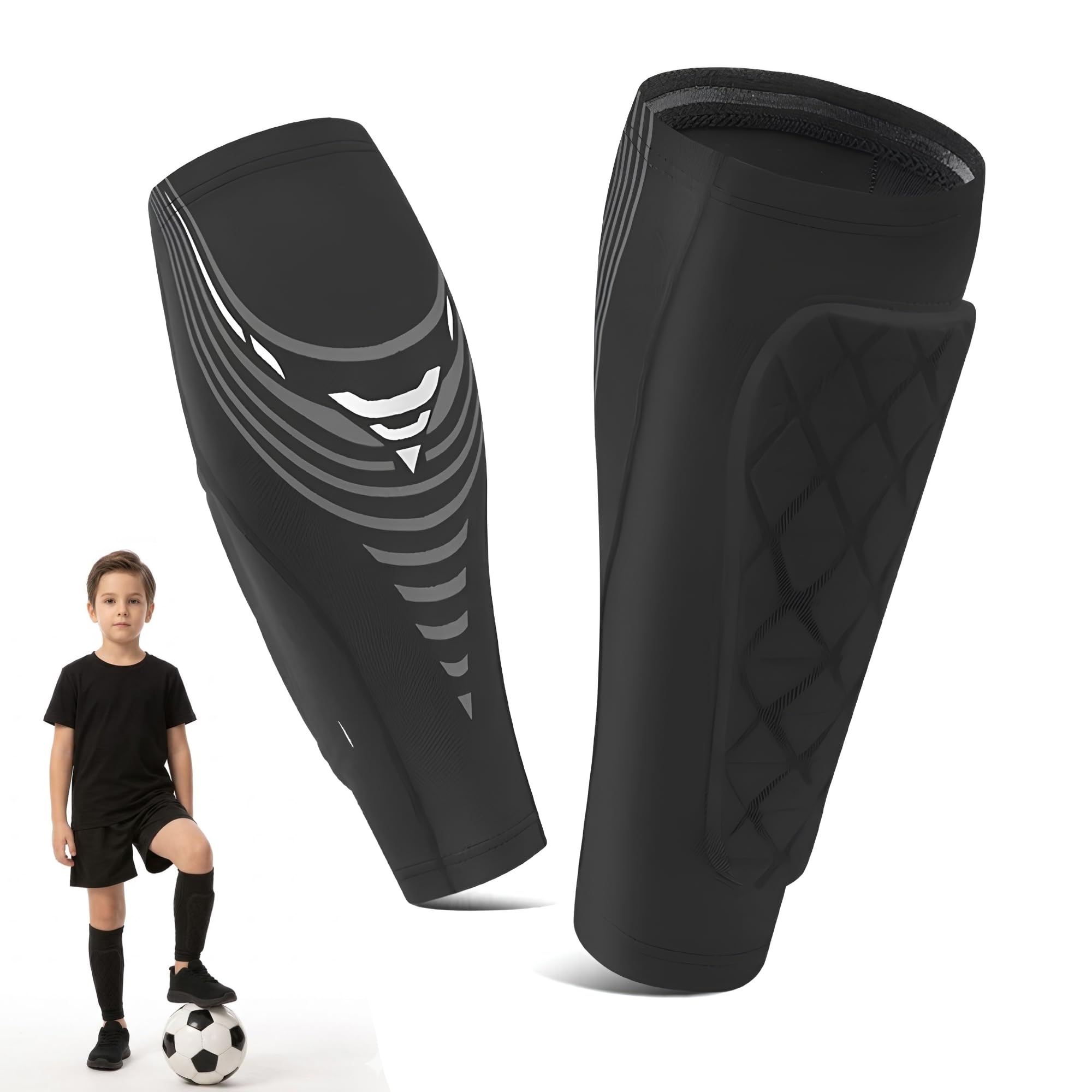 Football Shin Guards for Teens, Tri-Guard EVA Padded Compression Leg Sleeves with Internal Silicone Non-Slip Grip, Breathable Protective Gear for Football, Rugby & Sports - Black/L