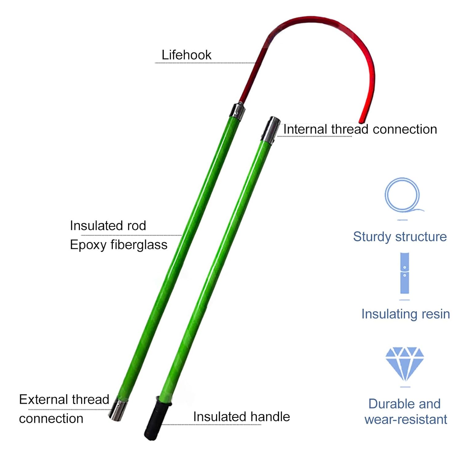 Professional Insulated Rescue Hook, Epoxy Resin, Non-Conductive Electrical Safety Life-Saving Pole Stick, for ​​Substation/Fire/Construction(1m/39.4in/3.3ft)
