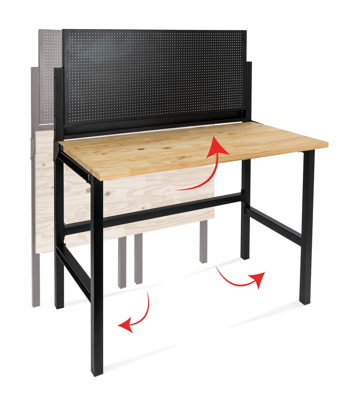 HEMMDAL Werkbank mit Lochrückwand | 150 kg Tragkraft | HxBxT 142 x 121,5 x 64,6 cm | 2,5 cm Starke geölte Holzplatte | klappbar | stabiles Stahlgestell | Profi-Arbeitstisch für Enge Räume
