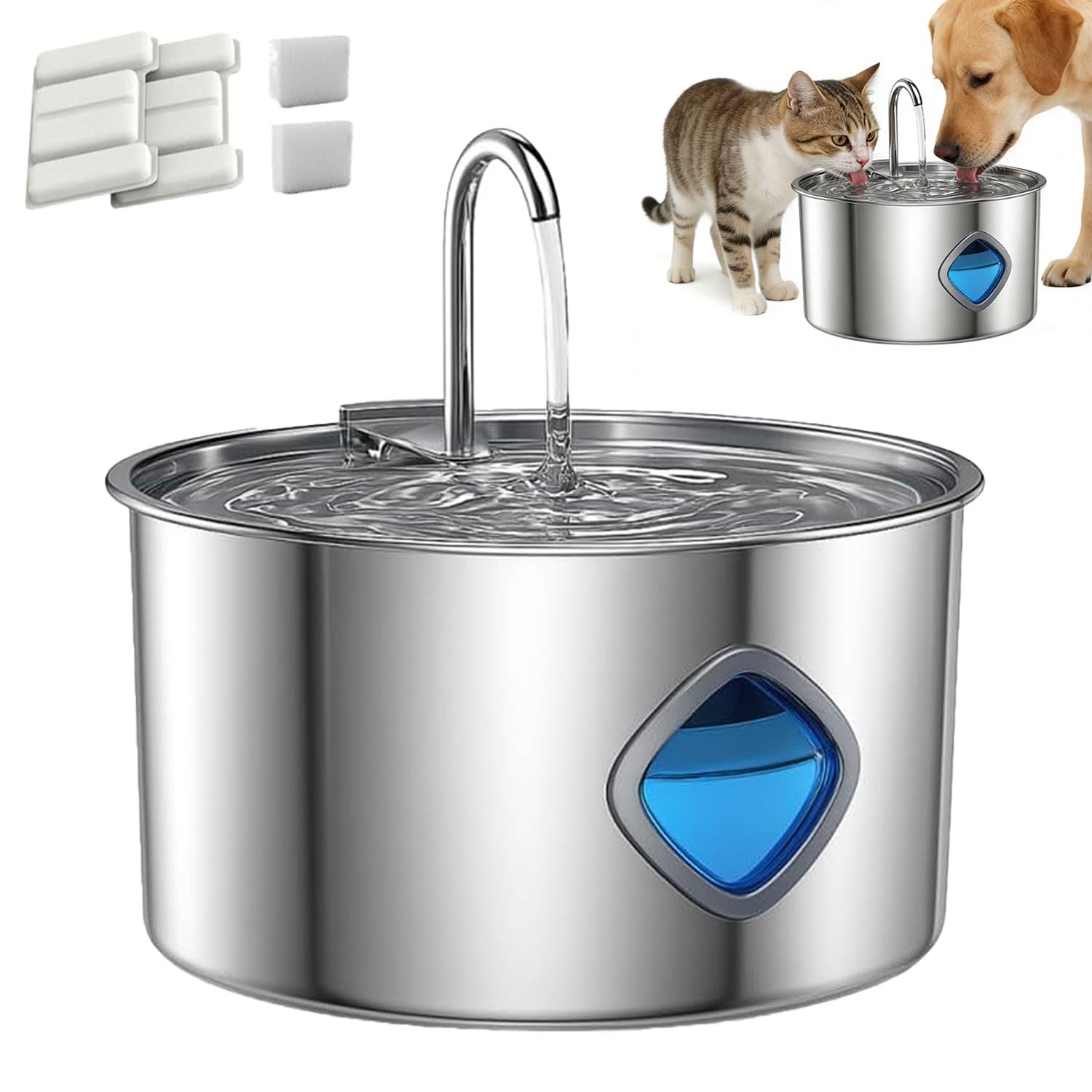 Dog Water Bowl - 3.2L Stainless Steel Pet Water Fountain, Multi-Filtration System & Steady Circulation, Ultra-Quiet Pump, Easy-to-Clean for Dogs and Cats (1Set+2Filter)